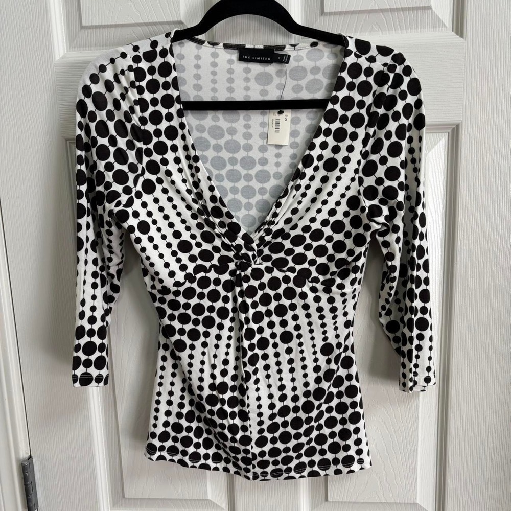 Y2K The Limited Womens V-Neck Twist Front Polka Dot 3/4 Sleeve Top Cream BrownSS